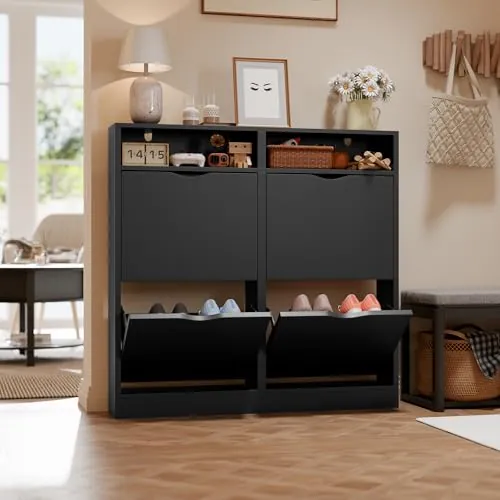 ELUCHANG Zapatero Estrecho con 4 Solapas & Compartimentos Abiertos, Mueble Zapatero Armario Moderno para Entrada, Recibidor y Dormitorio, Madera en Negro, 100x17x100cm