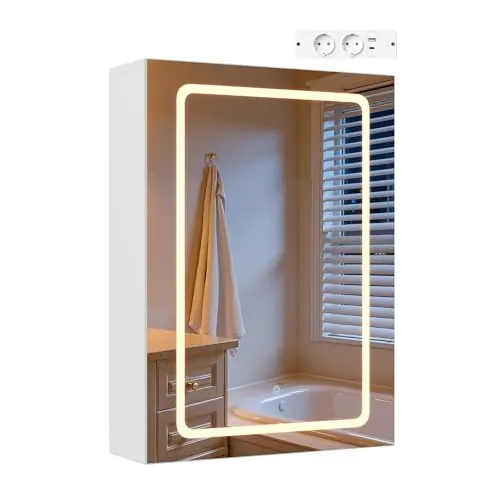 EUGAD Armario Espejo Baño con Luz, Mueble Baño Colgar con Enchufes, Luz Táctil 3 Colores, Estantes Ajustables, Ganchos, Armario Pared para Piso Apartamento, 50x70x14,5 cm, Blanco, Nórdico