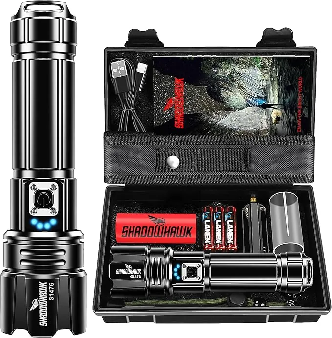 Shadowhawk Linternas LED Alta Potencia 1,000,000 Lúmenes, Linterna LED Recargable USB Táctica Militar Potente, XHP70.2 Linterna a Pilas, IPX67 Impermeable 5 Modos Portátil Linternas