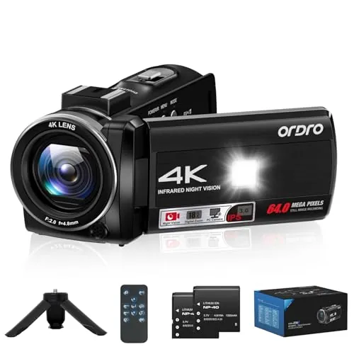 ORDRO Cámara de Vídeo 4K, Videocámara 64MP Vlogging con Zoom Digital 18X, Visión Nocturna IR, Luz de Relleno LED, Pantalla 3.0" 270°, Kit para Youtube con Trípode y 2 Baterías​