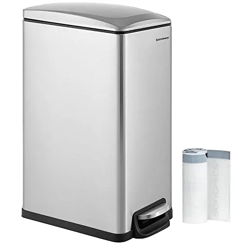 SONGMICS Cubo de Basura de Cocina de 48 L, Basurero con Pedal Delgado para Espacios Estrechos, Tapa de Cierre Suave y Cubeta Interior, Acero Inoxidable, con 15 Bolsas de Basura, Plata LTB510E48