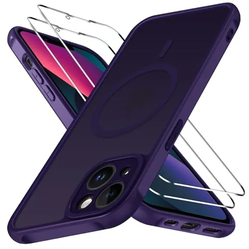 ivoler Funda Magnética para iPhone 13 con 2 Piezas Cristal Templado, Compatible con MagSafe, [Protección Militar] Protectora Antiarañazos Translúcida Mate Silicona Case, Morado Oscuro
