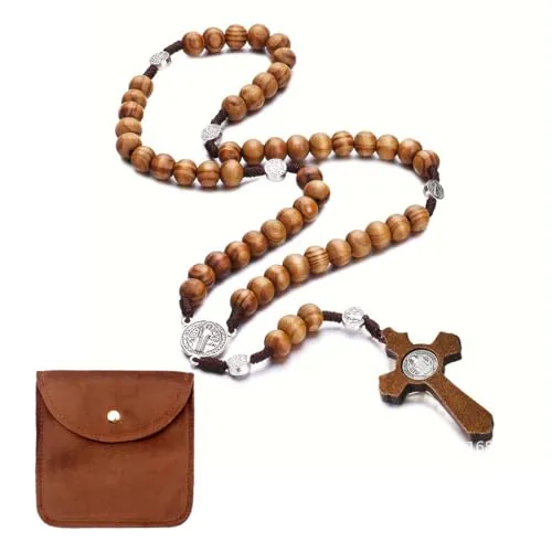 BCHKO Collar de Rosario Católico con Cruz, Cadena de Oración de Madera Natural, Ideal para Comunión Católica, Bautizo, Misa y Estudio Bíblico (incluye bolsa de almacenamiento)