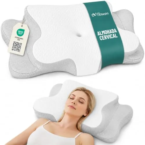 Flowen Almohada Cervical y Cuello Espuma de Memoria Cojin Ortopédico para Dormir Antiácaros Antialérgico y Transpirable Ideal para Dolores de Cuello Forro Antibacteriano Extraíble y Lavable