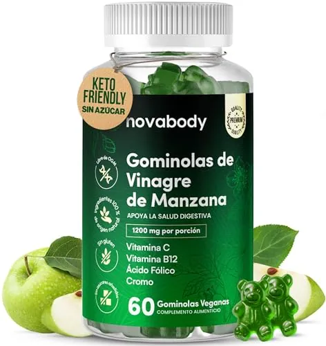 Gominolas Vinagre de Manzana 1200 mg, Sin Azúcar 100% Natural, Suplemento Vegano, Salud Digestiva & Metabolismo, Con Vitaminas C, B12, Ácido Fólico y Cromo, 60 gummies