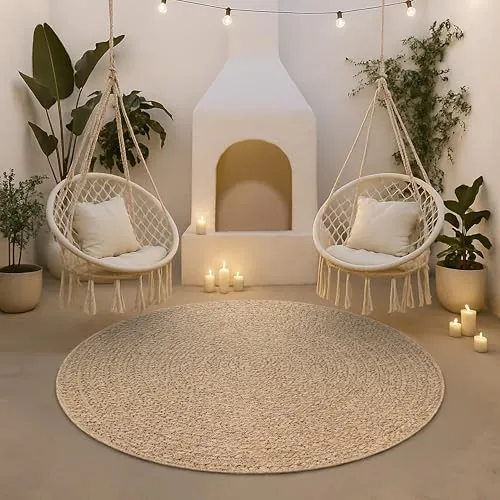 the carpet Kansas - Alfombra para Exterior e Interior con Aspecto de Yute Natural, Resistente a la Intemperie, Apta para Patio y jardín, Naturaleza, 120 cm Redondo