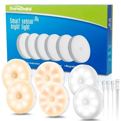 daphomeu 6 Pack de Luz led con Sensor de Movimiento Usb Recargable, Luces con Sensor de Movimiento Interiores, IluminacióN Led Para Escaleras, IluminacióN de Armario, 3 Modos de Luz Para