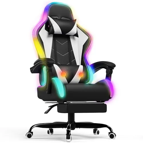 Devoko Silla Gaming con Masajeador y LED, Silla de Oficina Ergonómica con Reposapiés, Sillas Gaming para Oficina y Juegos con Iluminación RGB（Blanco）