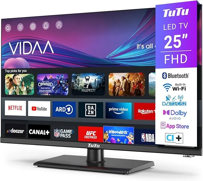 TuTu TUV25FQ1BC Smart TV 25 Pulgadas, Full HD Televisor con LED Pantalla, WLAN, Bluetooth, App Store, Sintonizador Digital, Prime Video, Netflix, Youtube, DAZN, Disney+, Pluto TV y Más