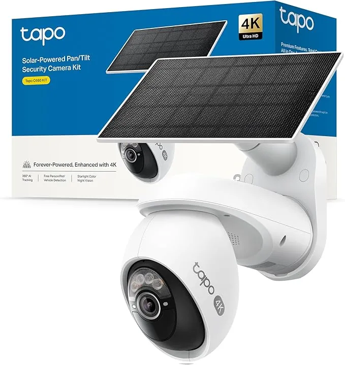 Tapo C660 Kit – Cámara de Seguridad WiFi 4K 8 MP con Panel Solar, Visión de 360°, Zoom Digital x18, Visión Nocturna en Color, Batería de 10000 mAh, Detección IA Gratuita, IP65