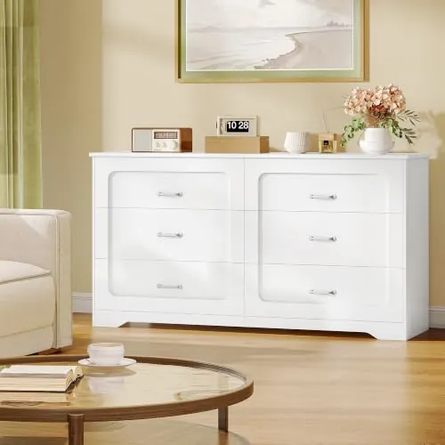 Hzuaner Cómoda con Regleta de Enchufes, Armario de Almacenamiento | 6 Cajones para Dormitorio, Mueble Almacén Moderno para Pasillo, Salón, Vestidor y Oficina 40 x 140 x 75 cm Blanco DC35003XEU