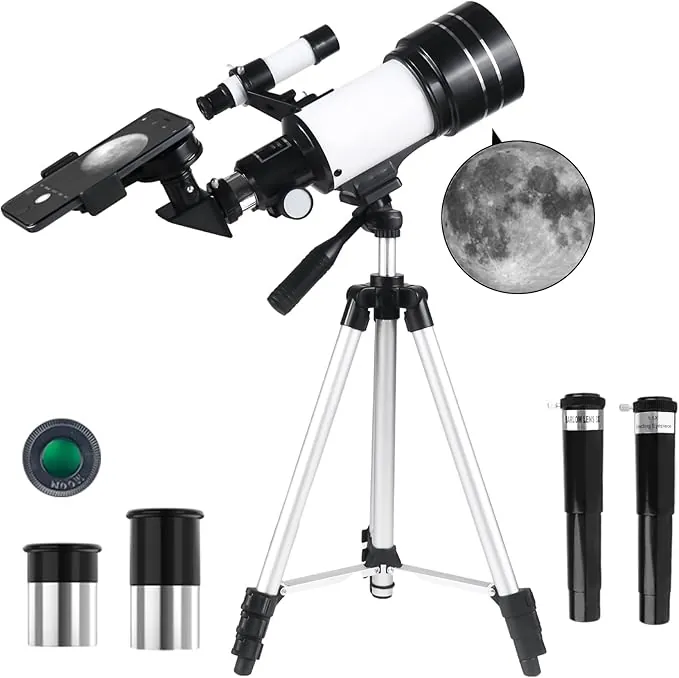 Telescopio para Adultos, 70mm Apertura 300mm Telescopios para Principiantes Astronomía con Lentes, Visor, Trípode, Soporte Móvil, Portátil Refractor Telescopio para Niños & Adultos (Blanco)