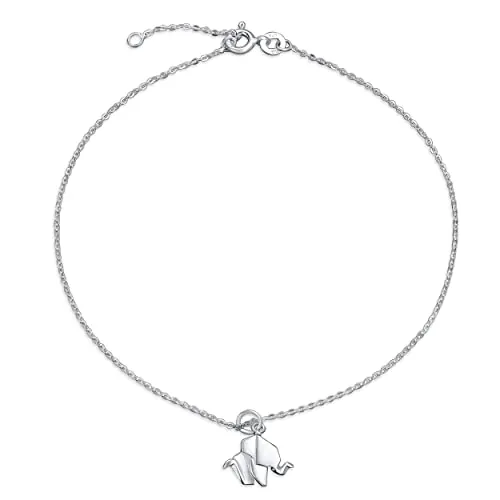 Bling Jewelry 3D Joyas Geométrica Origami Animales Zoo Suerte Elefante Tobillera Pequeño Dije Colgante Tobillera Para Mujer .925 Plata De Ley Ajustable 9 A 10 Pulgadas