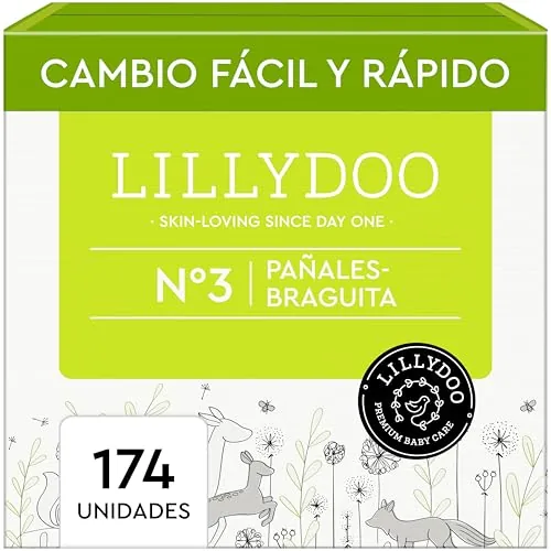 Pañales-braguita LILLYDOO - talla 3 (6+ kg), caja mensual (174 unidades), protección contra fugas, delicados con la piel, suaves, sin perfumes ni lociones, dermatológicamente testados