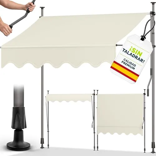 tillvex Toldo Manual portátil de balcón Patio | Toldo Ajustable con manivela para balcón | Parasol Resistente a UVA y Regulable en Altura | Protección Solar estanca a Agua (300cm, Arena)