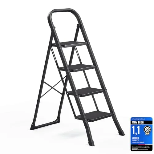 SONGMICS Escalera Plegable, Escalera de 4 Peldaños, Bloqueo de Seguridad
