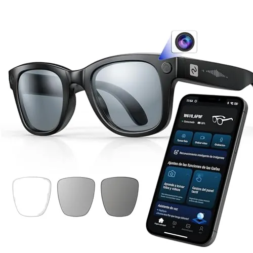 smartia Gafas Inteligentes con cámara, App incluida español, Gafas Bluetooth Manos Libres con IA GPT integrada por Voz, Smart Glasses fotocromáticas y Traducción en 20 Idiomas, cámara de 8 MP 4K