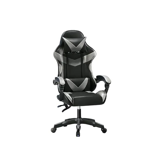 Baroni Home Silla Gaming con respaldo ergonómico inclinable y altura ajustable, silla de oficina con soporte lumbar, reposacabezas acolchado, 50 x 62 x 110-120 cm, negra y gris