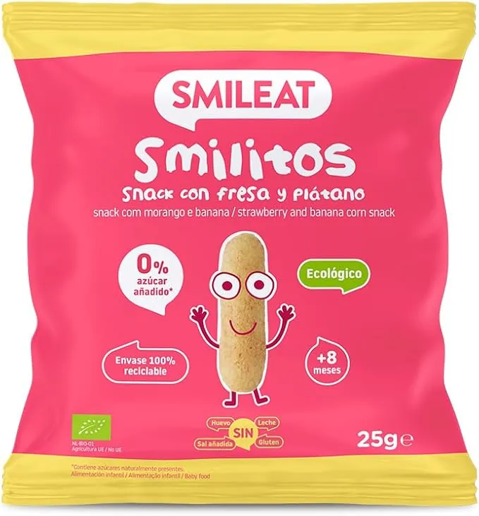 Smileat - Smilitos Snack - Sabor a Fresa y Plátano - Merienda divertida para peques desde 8 Meses - 1 Bolsa de 25g