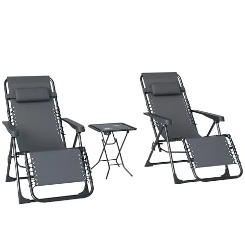 Outsunny Set de 2 Tumbonas Jardín Exterior Plegables con Mesa Auxiliar Portavasos Tumbonas de Gravedad Cero con Respaldo Ajustable Reposabrazos Extraíble para Patio Piscina Terraza Exterior Gris