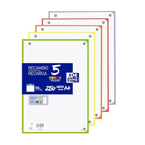 Oxford Hojas Cuadriculadas A4 Perforadas, Recambio Archivador, 250 Hojas, Cuadrícula 5x5, 5 Colores Vivos de Banda