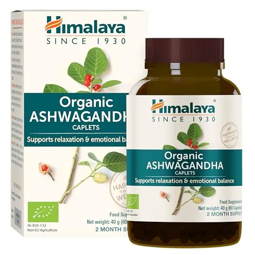 Himalaya Ashwagandha Orgánica (Ginseng Indio), suplemento herbal vegano certificado orgánico. Ayuda a controlar el estrés, apoyar la energía y el sueño ocasional. 60 cápsulas
