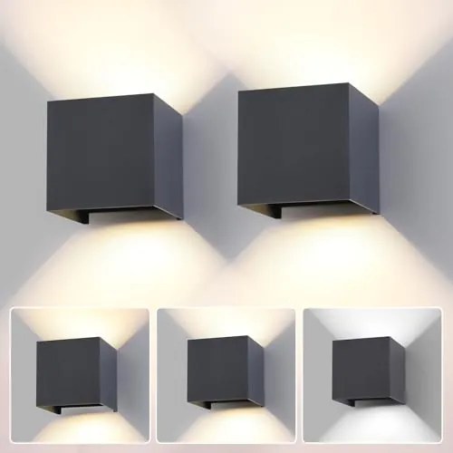 FUPE 2 Piezas LED 15W Aplique de Pared Exterior Interior Luz Ajustable de 3 Colores IP65 Impermeable Lámparas de Pared Apliques de exterior cuadrada de aluminio Ángulo de luz ajustable 11CM Antracita