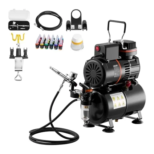 VEVOR Kit de Aerógrafo con Compresor de Aire 1/6 HP Compresor de Aerógrafo de Doble Acción con Boquilla, Manguera, 24 Pinturas Acrílicas, Kit de Pintura para Decoración de Tartas, Maquetas, Uñas