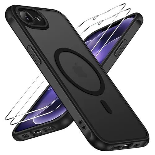 ivoler Funda Magnética para iPhone 17e / iPhone 16e con 2 Piezas Cristal Templado, Compatible con MagSafe, Antigolpes Translúcida Mate Trasera Fina Silicona Anti-Choques Case, Negro