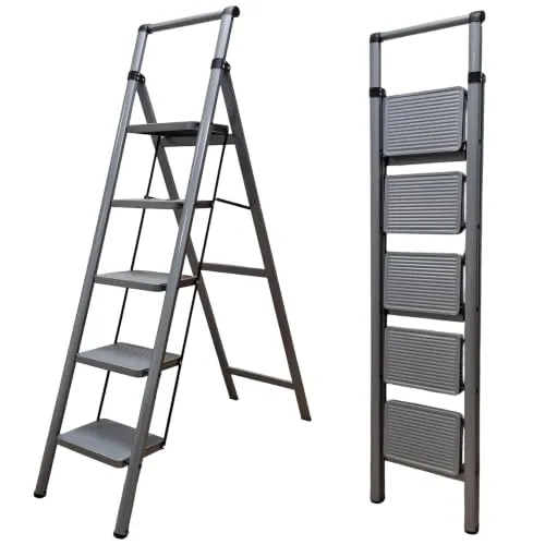 UZIRO Escalera Plegable 5 Peldaños, Liviana y Compacta, Diseño Decorativo, Peldaños Anchos Antideslizantes, Ideal para Uso en Hogar, Cocina y Oficina, Fácil de Guardar (Gris, 5 Peldaños)