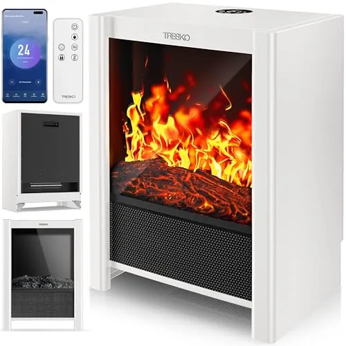 TRESKO Chimenea eléctrica Calefacción 2000 W, Smart Home WiFi App & Mando | Estufa eléctrica con Efecto Llama LED y Pantalla LCD | Chimenea eléctrica con termostato | Calefacción por ventilado