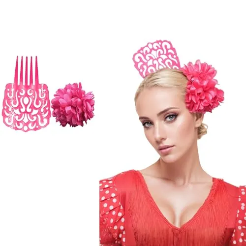 Peineta Flamenca Grande con Flor para el Pelo Mujer – Set 2 Piezas, Accesorios Tradicionales para Feria de Abril, Traje de Sevillana y Fiestas Andaluzas (ROSA LISO)
