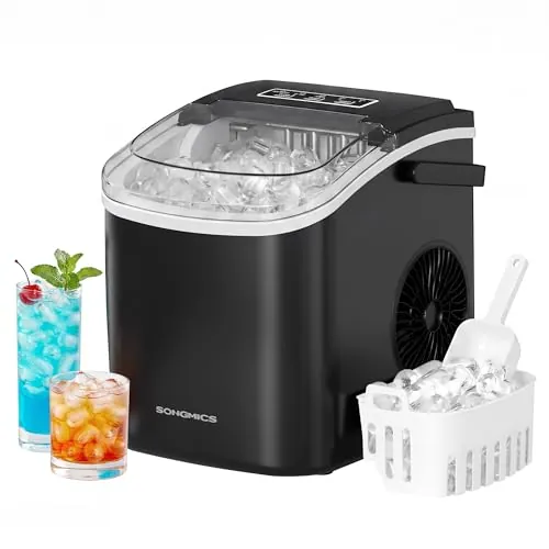 SONGMICS Máquina de Hielo, Máquina de Cubitos Autolimpiante, 9 Cubitos en 6 Minutos en 2 Tamaños, 12 kg en 24 Horas, Portátil, Casa, Cocina, Oficina, Fiestas Camping, Negro Tinta XZB001B1EU