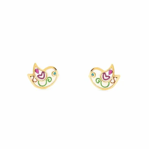 Pendientes Oro Niña Pájaro Esmaltado (9kts) - Estuche Regalo - Certificado de Garantía - Mondepetit