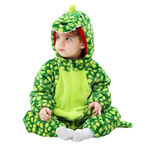 LOLANTA Disfraz Dinosaurio con Capucha Niños Vestido-Halloween Animal Disfraz Carnaval para Niños Pequeños, Traje de Unión de Franela, Cuadrado Verde, 3-4 años