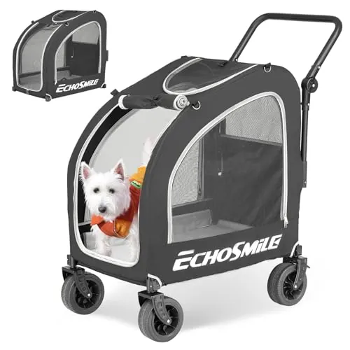 EchoSmile Carrito para perros pequeños y medianos de hasta 20 kg, plegable, con doble freno, cinturones de seguridad para el coche y ventanas con malla, negro