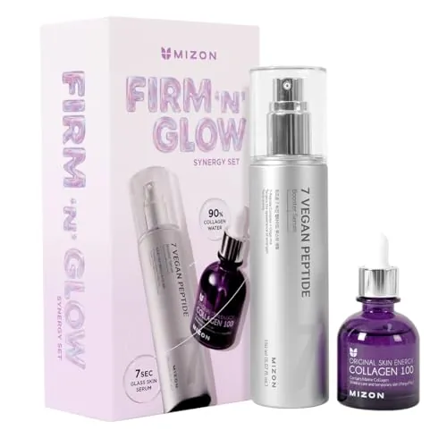 [MIZON] FIRM'N'GLOW COLLAGEN SYNERGY SET - 7 Vegan Peptide Booster Serum 150 ml + Collagen 100 Ampoule 30 ml, rutina coreana de cuidado facial para firmeza, elasticidad, hidratación y líneas finas