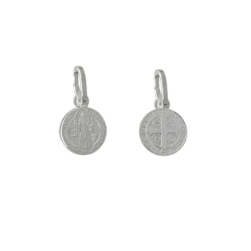 Minoplata Medalla de San Benito Pequeña, Plata de Ley 925, 10mm, Doble Cara, Colgante Religioso Católico con Anilla, Unisex, Estilo Clásico