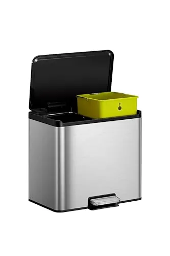 EKO Cubo de Basura 2 Compartimentos 15L + 15L Esencial, Cubo De Basura Reciclaje Acero Inoxidable, Ideal para Cocina, con Pedal y Cierre Suave Cubos De Basura De Reciclaje