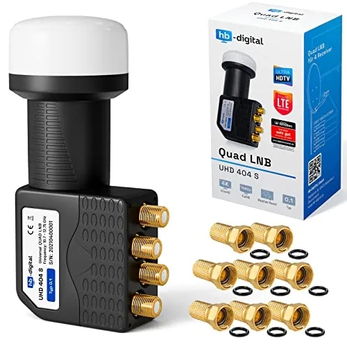 HB-DIGITAL Quad LNB Cabezal de satélite cuádruple DVB-S DVB-S2 Full HD TV TV 3D 4K UHD HD Plus Sat 4 participantes con protección climática + 8X F-Plugs Dorados