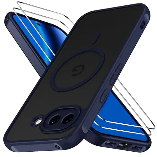 ivoler Funda Magnética para Google Pixel 10A con 2 Piezas Cristal Templado, Compatible con MagSafe, [Protección Militar] Carcasa Protectora Antiarañazos Translúcida Mate Silicona Case, Azul Oscuro