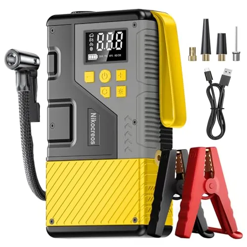 Iniciador Portátil de Coches con Compresor de Aire para Emergencias, 3000A Pico y 150 PSI Máximo, para Motores de Gasolina de 12L y Diésel de 10L, Pantalla LCD, Luz LED (Amarillo)