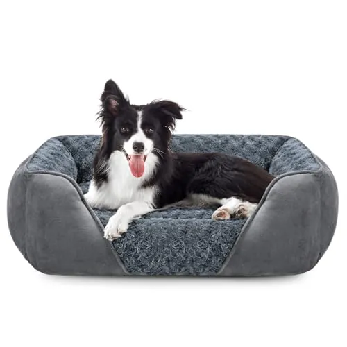 JOEJOY Cama Perro Mediana, Cama para Perros Lavable, 76x61x23cm | Cama Perro Anti-Ansiedad y de Apoyo, Antideslizante y Lavable, Felpa, Terciopelo Rosa y Ante Transpirable