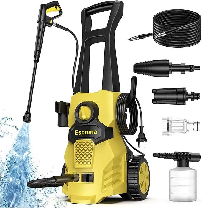 Espoma Hidrolimpiadora de Alta Presión, 120 Bar, Caudal de 380 l/h, área de Trabajo 30 m²/h, Ideal para Hogar, Jardín y Coche –Incluye Manguera de 7m, Bomba de Aluminio, Radio de Acción 12m