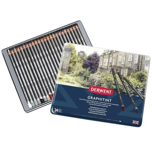 Derwent 700803 - Set de 24 Lápices Acuarelables con Grafito y Pigmento, Colores Suaves y Tonos Tierra, Núcleo Soluble de 4 mm, Barril Redondo, Incluye Estuche Metálico