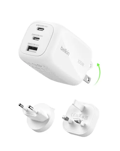 Belkin Cargador USB-C, 3 Puertos, Cargador GAN de 100 W, 2 USB-C y 1 USB-A, Enchufe EU, UK, USA, Carga Rápida para MacBook, iPhone, iPad Pro, Samsung Galaxy, Google Pixel, etc - Blanco