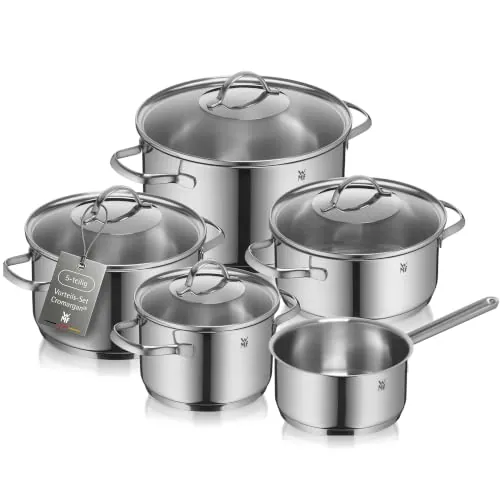 WMF Provence Plus - Batería de Cocina 9 Piezas, Acero Inoxidable Apto para Inducción, 1 Cacerola Baja de 20 cm, 3 Cacerolas Altas de 16 cm, 20 cm y 24 cm, 1 Cazo 16 cm con 4 Tapas de Cristal