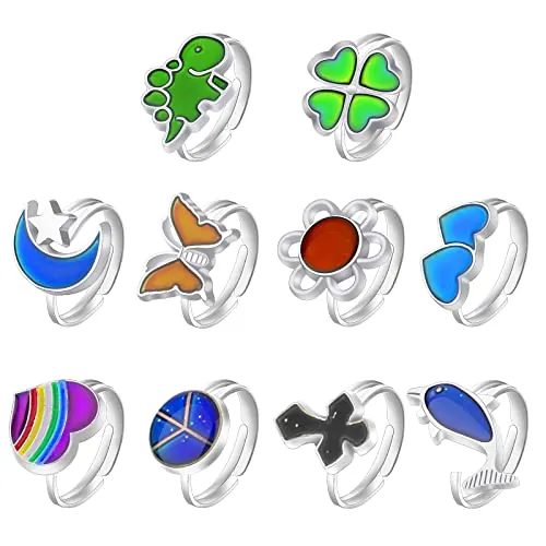 SAVITA 10 Piezas Anillos de Estado de Ánimo, Ajustables, Anillo Que Cambia de Color, Anillos de Humor con Lindas Mariposas Flores Animales Formas Corazón Melocotón, Mood Rings para Niños y Niñas