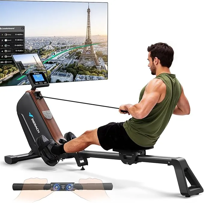 MERACH Máquina de Remo para Casa, Silenciosa, con Rieles Mejorados de 130 cm para Mayor Libertad de Movimiento, con App Exclusiva