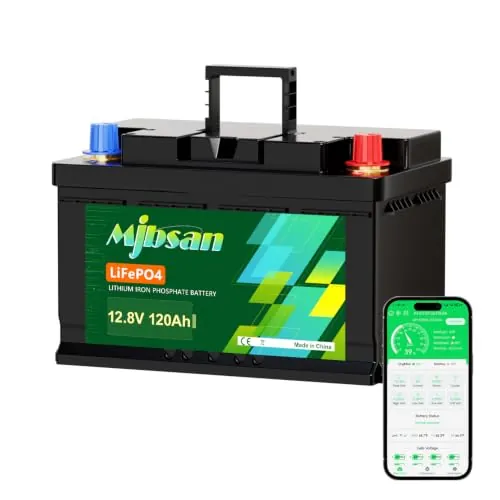 Mjbsan Batería Bluetooth LiFePO4 de 120 Ah 12 V con 188 mm de altura, máx. 1536 Wh de energía, batería de litio de 12,8 V, protección de temperatura baja, BMS de 100 A, para almacenamiento de